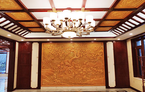 桐城中式别墅客厅中式木作横梁吊顶装饰展示